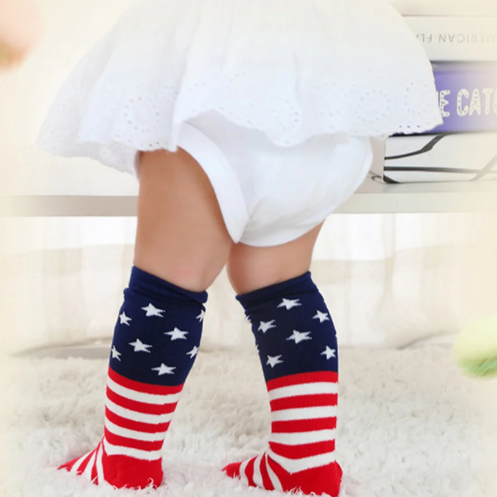 

1Set Anti-Slip Mid-Calf Socks Kids Cotton Comfortable Elastic Independence Day Bright Color Children Baby Stockings
