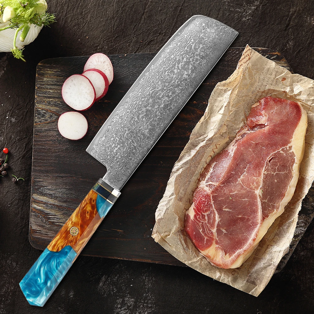 Japanese Nakiri Knife 7Inch Damascus Steel Kitchen Knife Professional Meat&Vegetables Knife Sharp Cleaver Cooking Slicing Knife