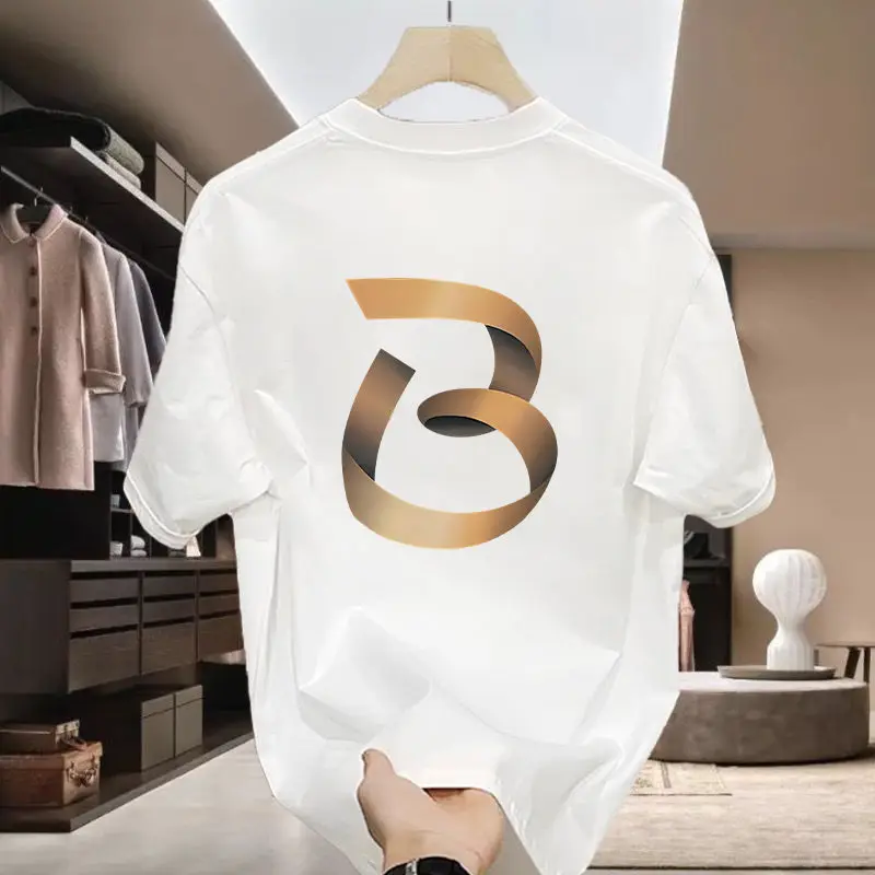 New Summer Pure Cotton T-shirt Short-sleeved High-quality Men Minimalist Design Drawing Printed Round Neck Fashion Trendy Brand