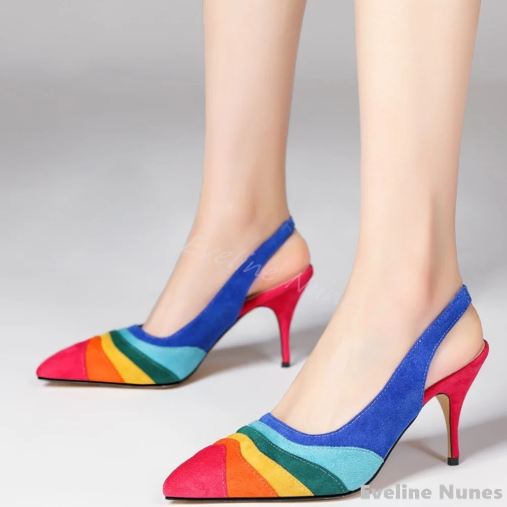 Shallow Rainbow Mixed Colors Pumps Women Pointed Toe Stiletto Back Strap Sandals Summer New French Catwalk Party Wedding Shoes