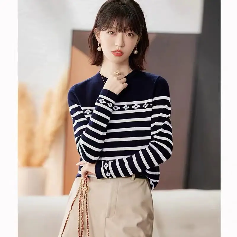 Women Clothing Fashion O-neck Long Sleeve Knit Pullovers Autumn Winter Casual All-match Striped Long Sleeve Sweaters Chic Tops