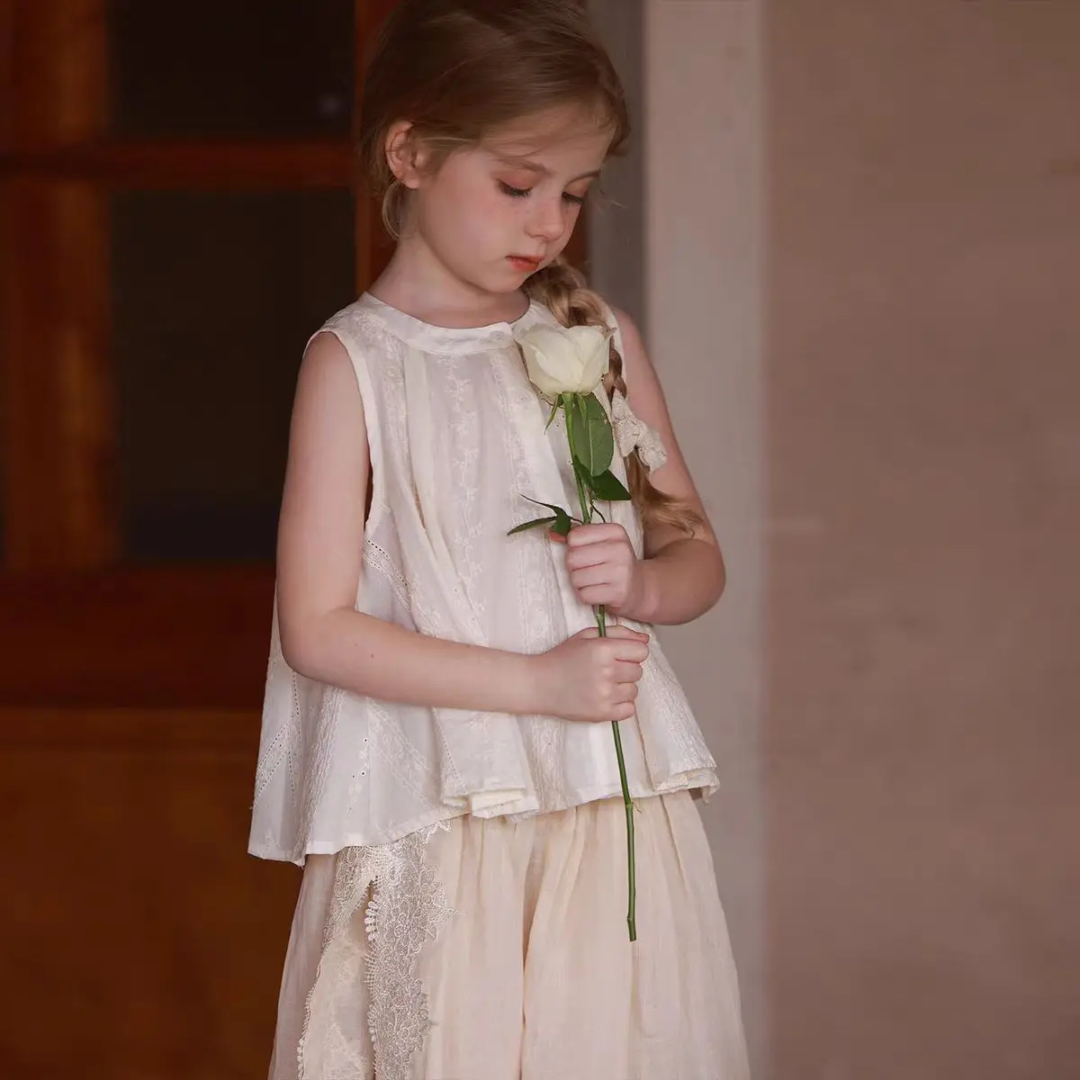 White Tank Top Girls Embroidered Doll Shirt Wide-leg Pants Culottes Set