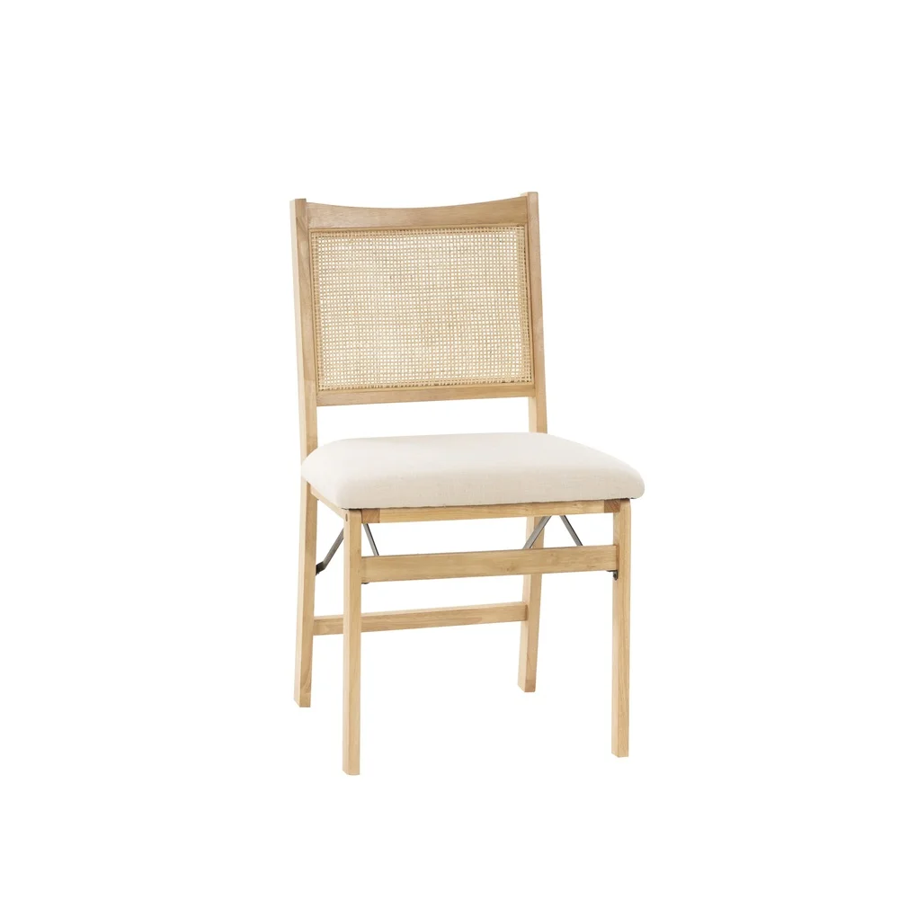 Cadeira dobrável com encosto de vime natural com assento estofado, estrutura leve de madeira maciça, design confortável, uso interno, fácil armazenamento