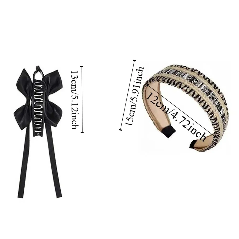 2pcs Ballet Style Ribbon Banana Clip Wide Side Sweet Black Knitted Hair Hoop Soft Polyester Women Woven Headband Ponytail Holder
