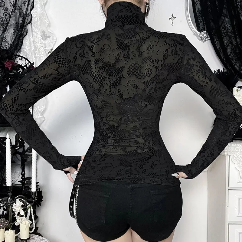 2026 New Vintage Dark Long Sleeve See Through Rhinestone T-shirts Y2K Mall Gothic Flocking Slim Pullovers T-shirt Women Techwear