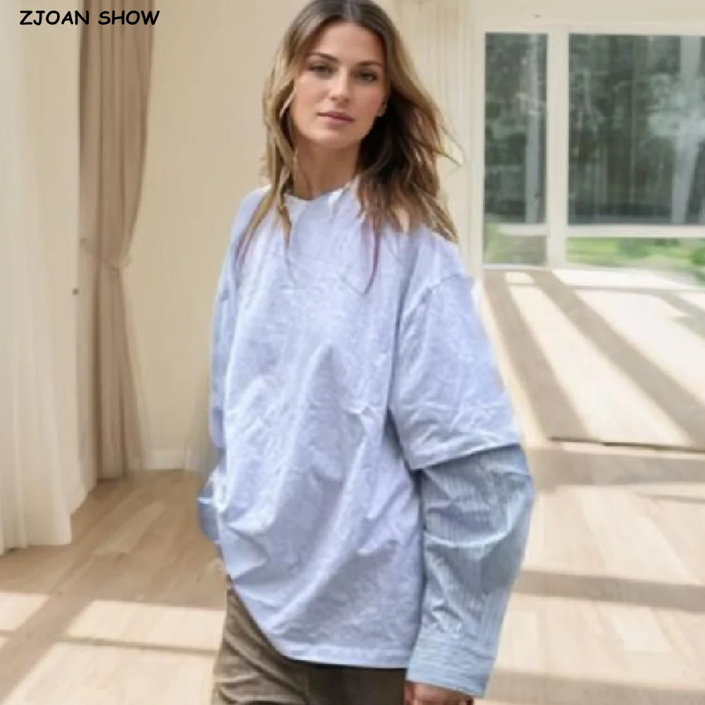 

Осень 202, американская ретро женская футболка с круглым вырезом в стиле пэчворк, полосатая футболка с длинным рукавом, контрастного цвета, свободная футболка, повседневные футболки