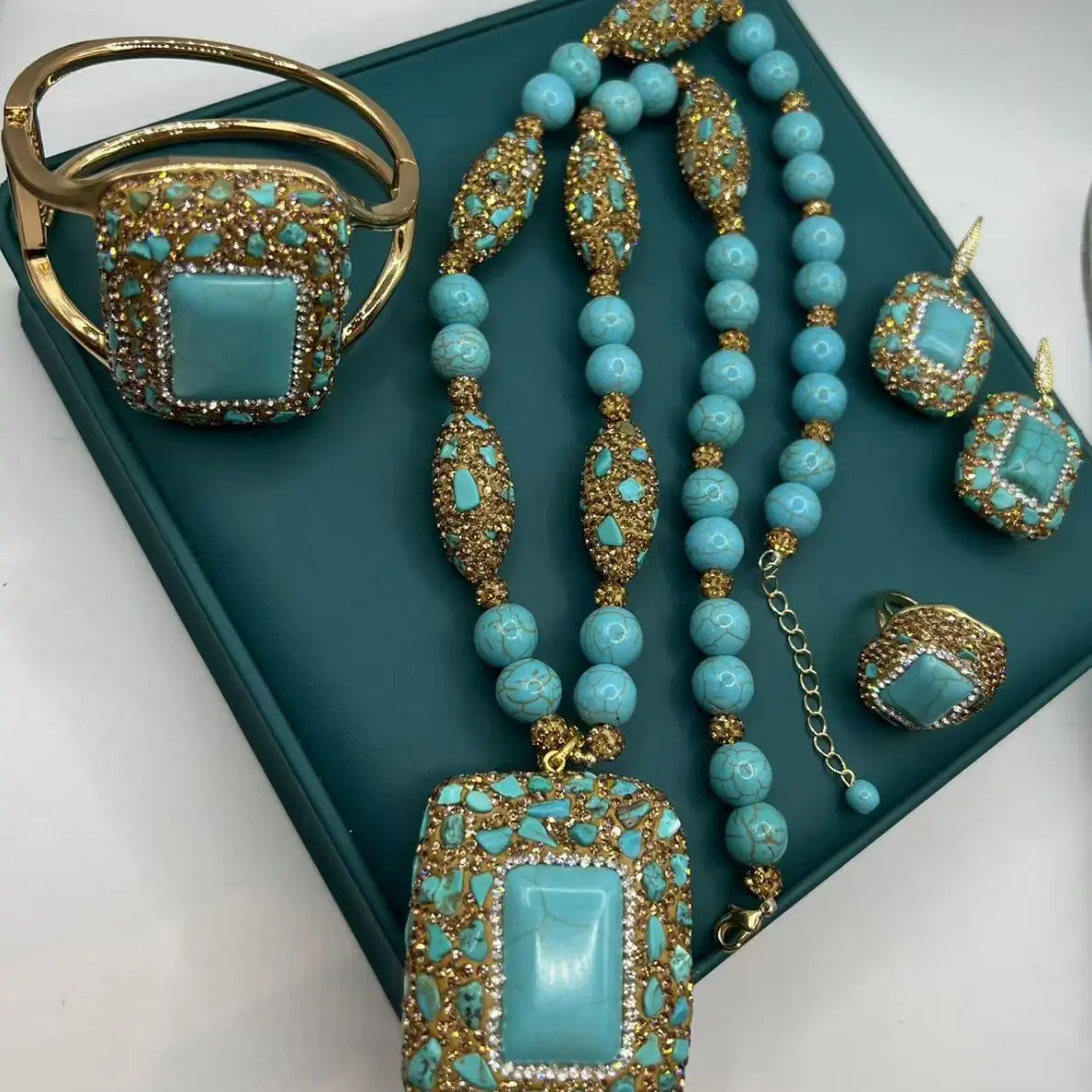 Fashion Turquoise Necklace Sweater Chain Open Ring Earrings Hook Earrings Bracelet Ladies Jewelry Set Four-Piece Set Women Gift