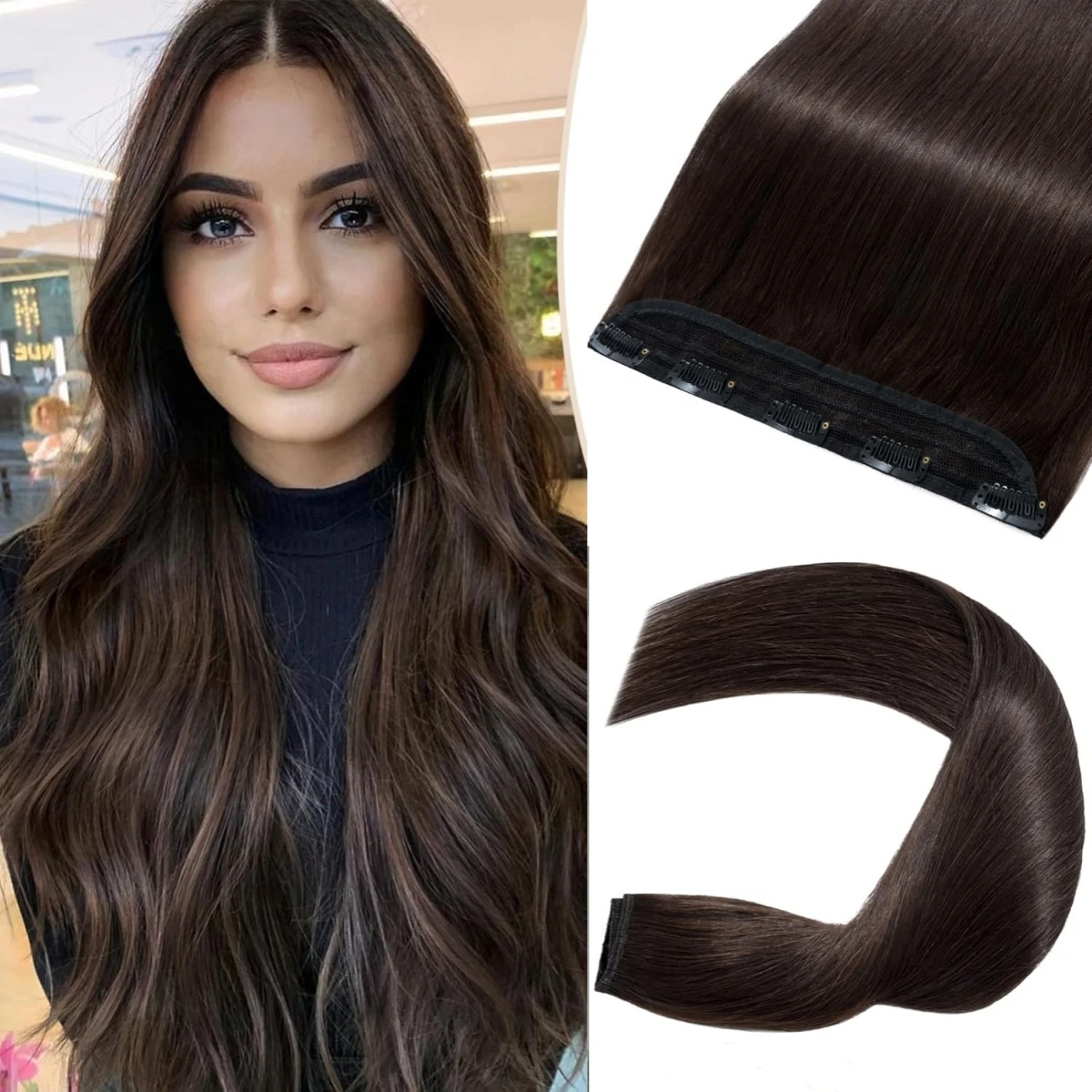 

# 2 прямых цельных заколки для наращивания волос, 100% человеческие волосы, темно-коричневые, 3/4, полная голова, 5 зажимов для наращивания человеческих волос для женщин