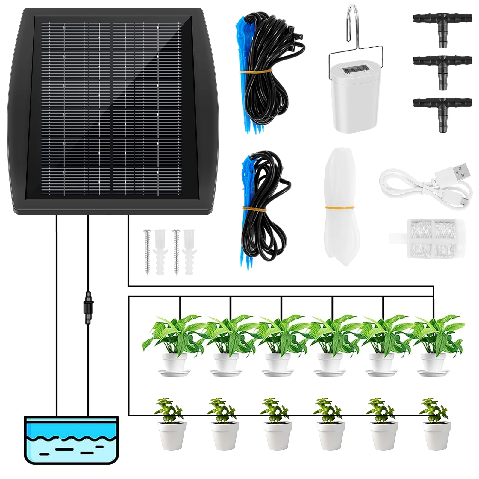 Solar Irrigation Kit Solar Automatic Plant Watering Devices with Timing Modes IP67 Waterproof Solar Powered Drip Irrigation