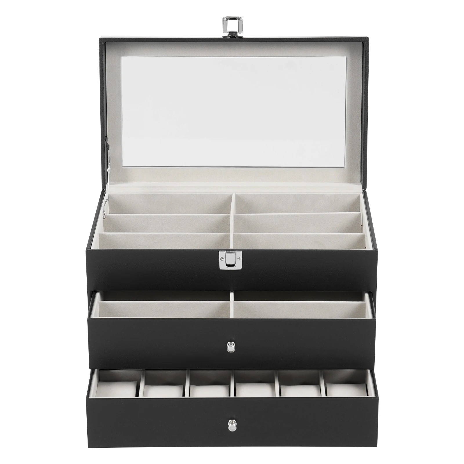 

Glasses and Watch Organizer Box, Black Faux Leather 12-Watch Box and 12-Glasses Storage Jewelry Case with Drawer and Lock