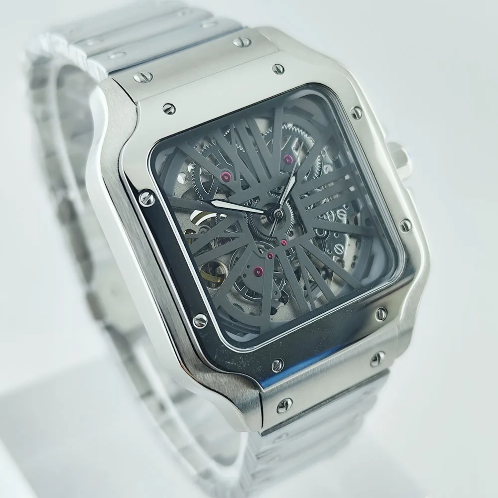 New NH70 watch square Watch men's  watch stainless steel automatic mechanical watch hollow dial NH70 movement sapphire glass