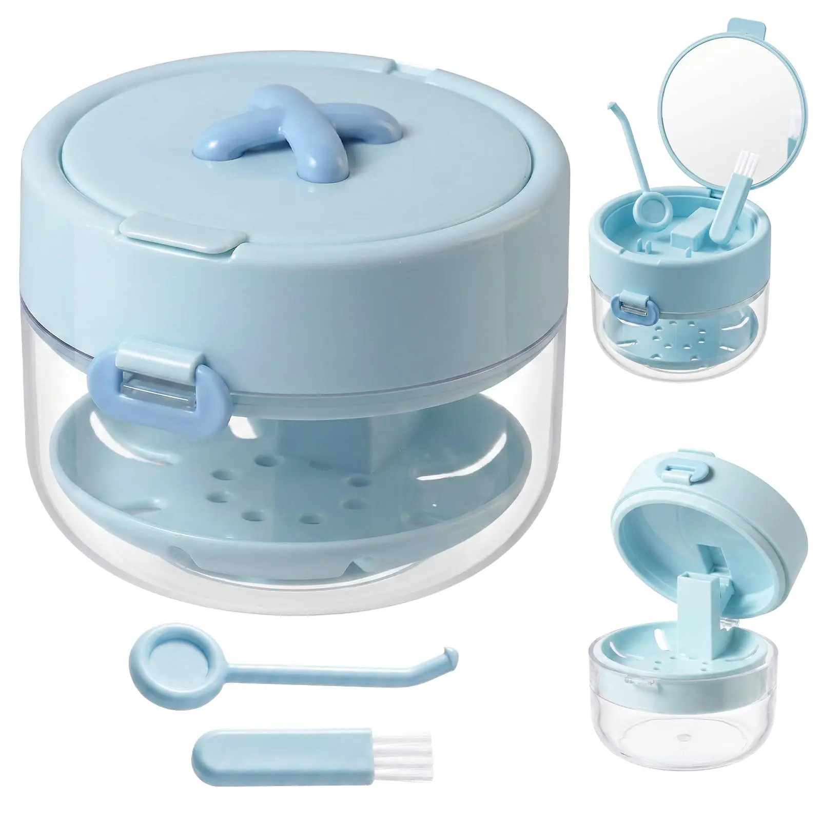 Retainer Cleaner Case 3-in-1 Denture Bath Box with Leak Proof Denture Bath Case with Mirror Cleaning Brush and Removal Tool