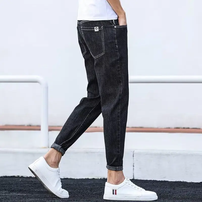 

Slim Fit Men's Jeans Straight Leg Casual Bla Cotton Stretch Denim mid Waist Nine Points Pants for Spring Summer Autumn