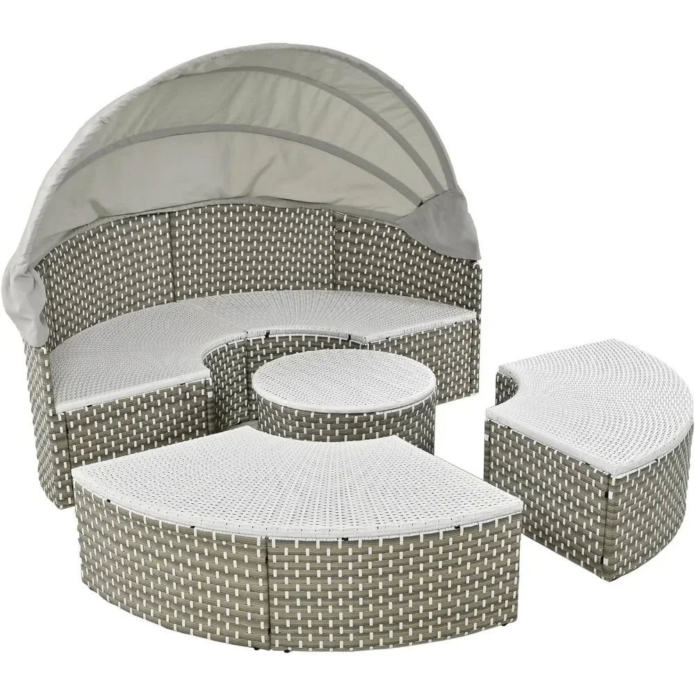 

For Garden Furniture Sets, Patio Daybed Sunbed, Rattan Round Lounge with Retractable Canopy, Lift Coffee Table, Furniture Sets