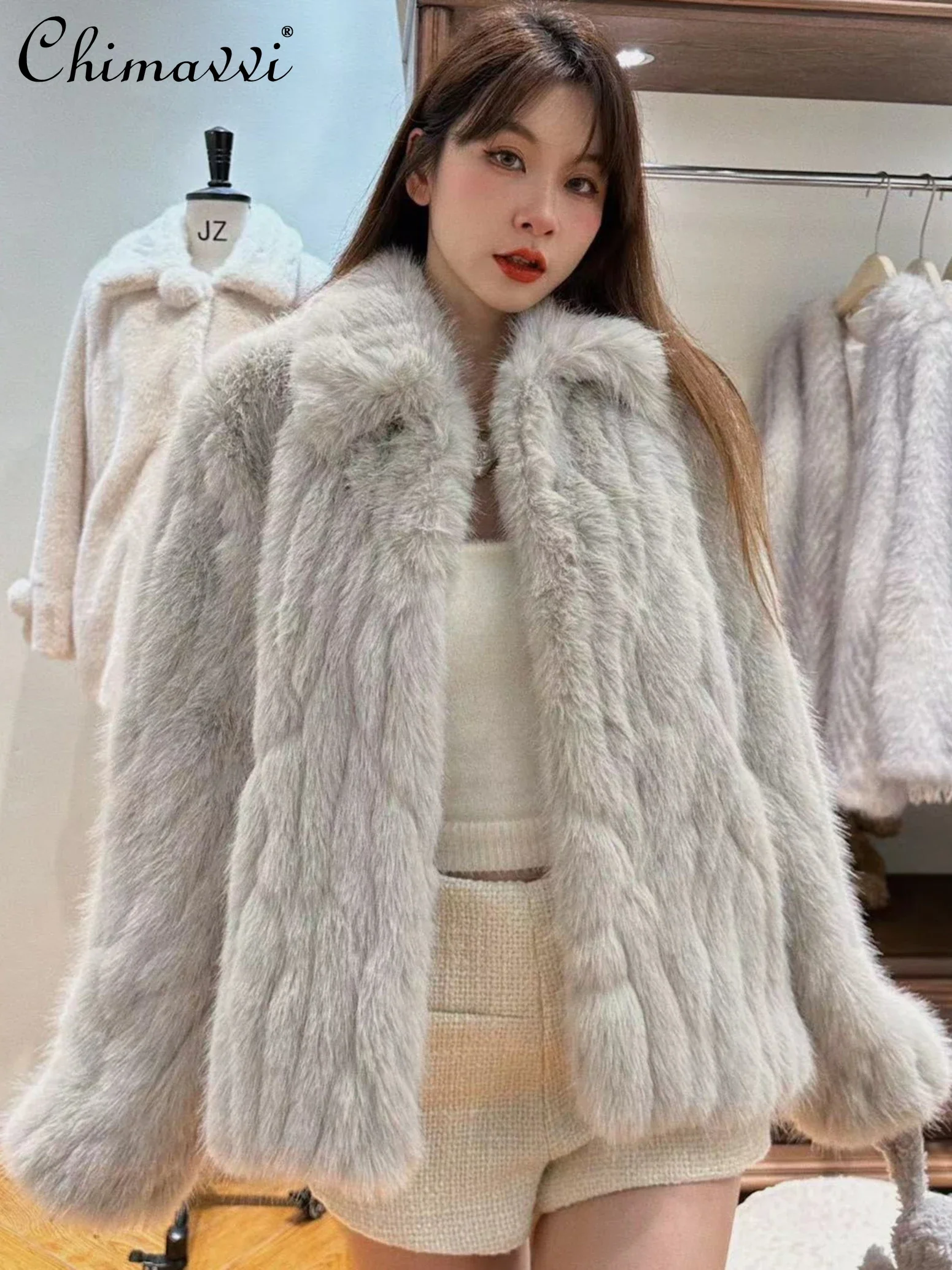 Fashion Irregular Vertical Pattern Furry Fur Coat Women Winter High-End Silver Gray Imitation Fox Fur Warm Coats Elegant Jacket