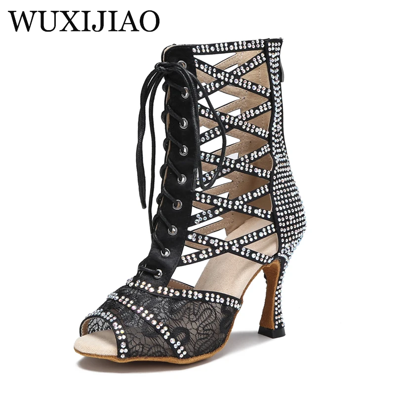 WUXIJIAO Ladies Red Latin Dance Shoes Black Breathable Mesh Ballroom Boots Tango High Heel Party Skin Tone Dance Shoes