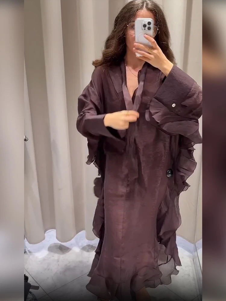 2025 neue Lotus Blatt Rand Beiläufige Lange Kleid Frauen Chic Volle Hülse V-ausschnitt Lose Maxi Kleider Sommer Dame Highstreet Party Roben