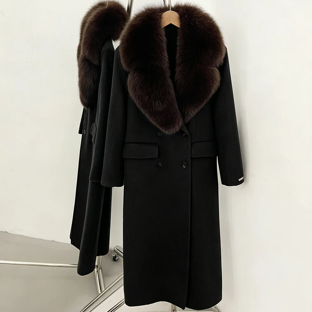 OFTBUY Luxuriöser Doppelreihiger Langer Wollmantel für Damen mit Echtem Fuchspelzkragen, Winter-Wärmejacke, Schlanke Wollkleidung mit Echtpelz – Detail 11