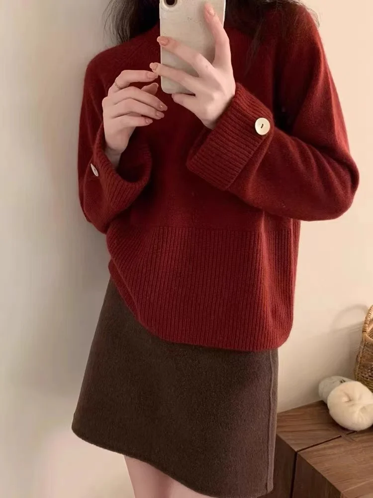 

Round Neck Short Knit Pullovers Women Fall Winter Korean Casual Soft Long Sleeve Sweater Tops 5 Colors