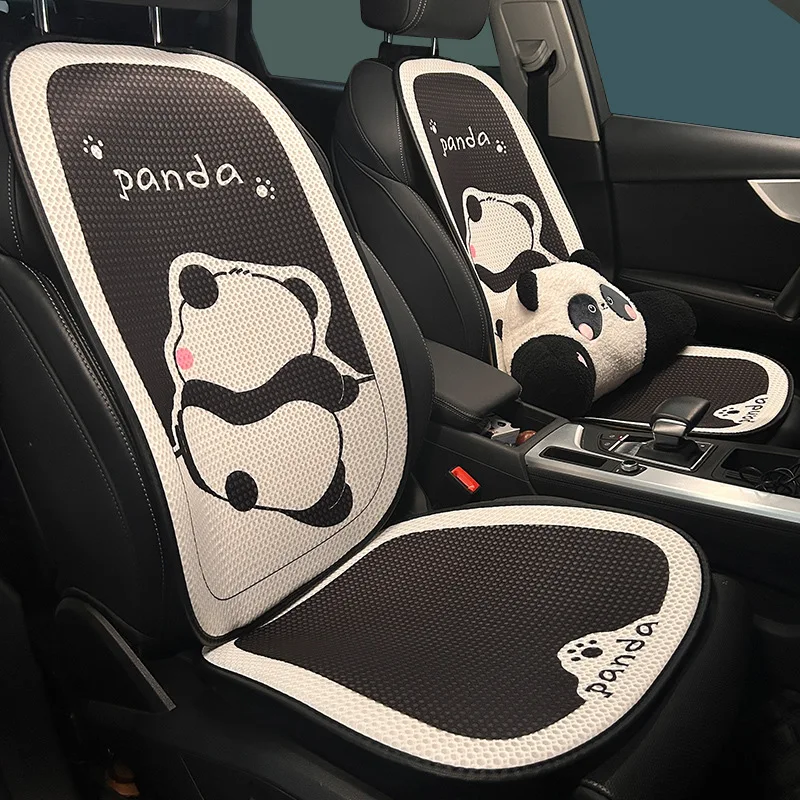 Cute Cartoon Animal Panda Car Seat Covers Cushion Ices Silk Universal Car Pillow For Womens Auto Interior Decoration Accessories