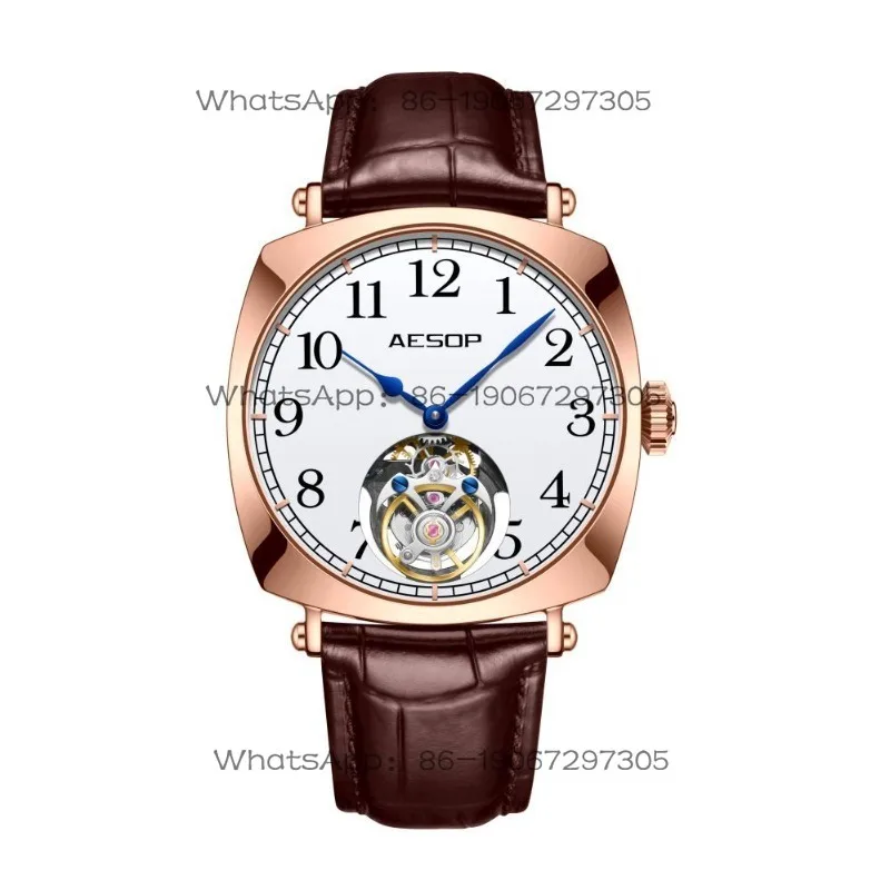 Business Simple Curved Square Shell Hollow Tourbillon Mechanical Men's Watch