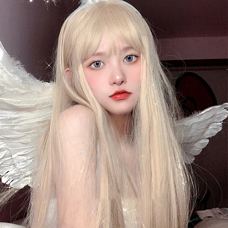 

Women Wig Long Mix Golden Straight Lady's Wig Synthetic Hair Wigs+Wig Cap