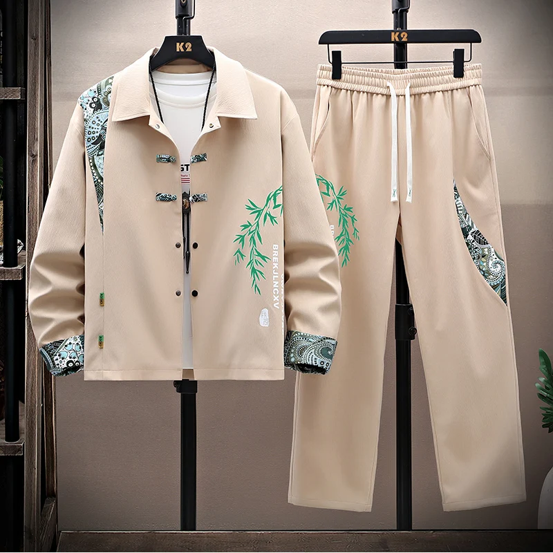 

2026 Spring Print Long Sleeve Shirt Linen Set Men's Casual Loose Comfortable Breathable Sports Two-piece Suit M-5XL