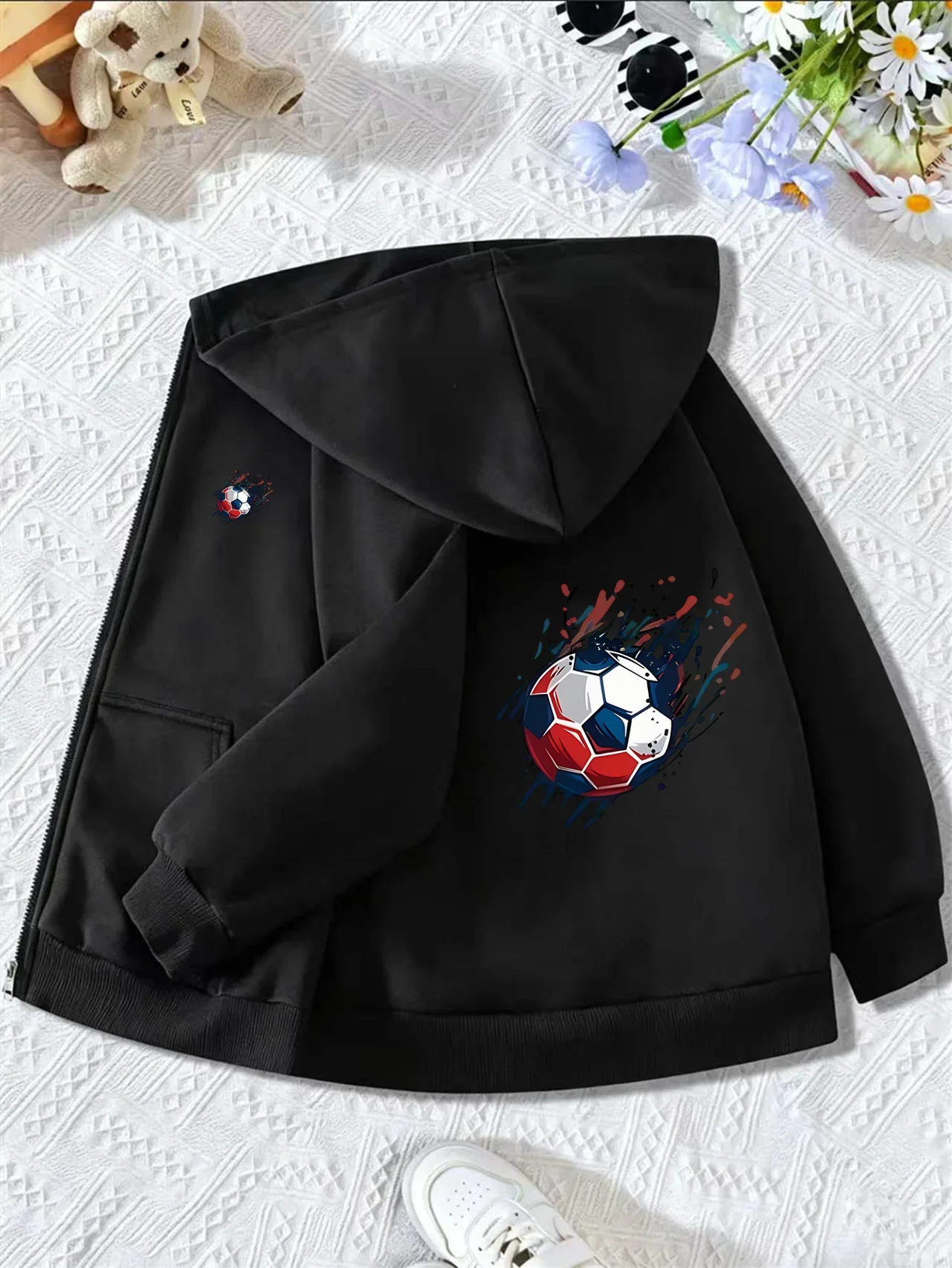 Kids Splash Ink Soccer Ball Graphic Zip Up Hoodie Loose Long Sleeve Hooded Jacket Sports Casual Outerwear For Boys Girls