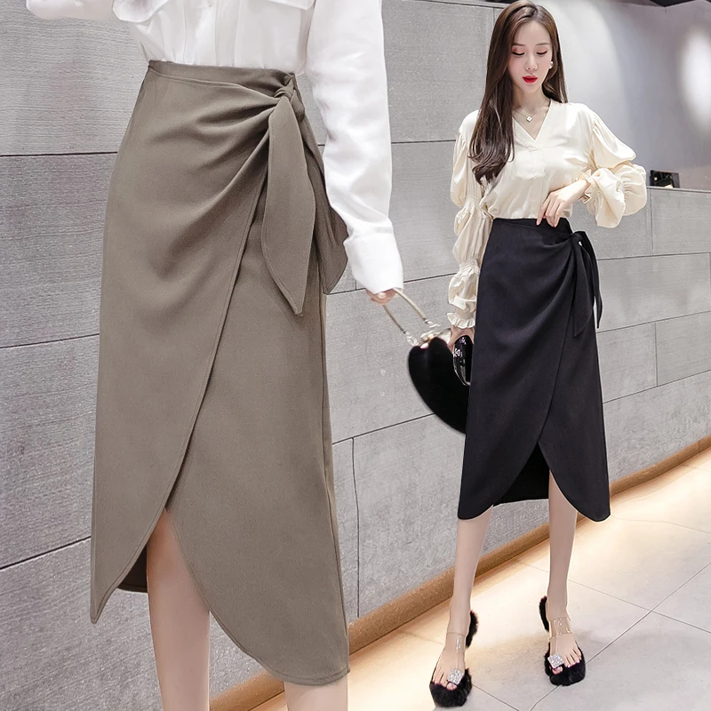 Office Lady Elegant High Waist Asymmetrical Midi Skirt Women\'s Autumn Spring Fashion Long Skirt Female Sexy Slit Skirt