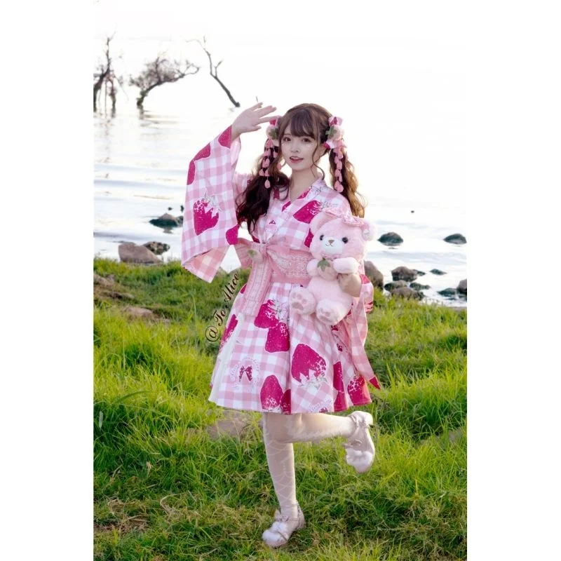 YUIPO – robe Lolita japonaise douce et mignonne, rose, imprimé fraise, Kawaii JSK