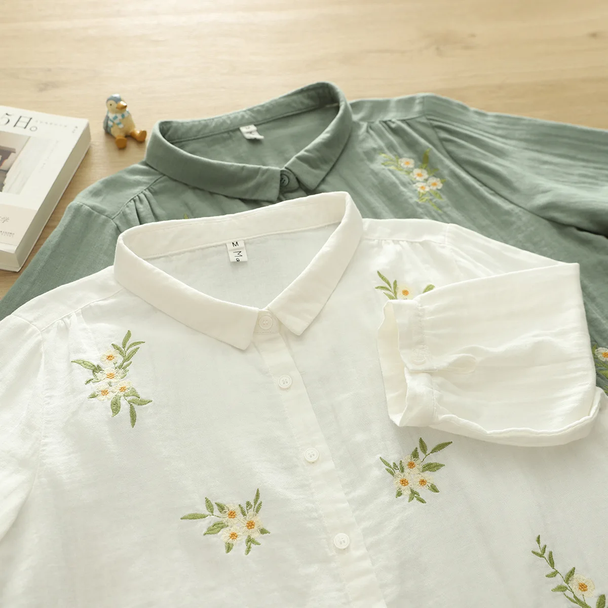 Japanse Zoete Mori Meisje Bloemen Borduren 100% Katoenen Shirts Vrouwen Zomer Turn Down Kraag Half Mouw Casual Losse Blouse Tops