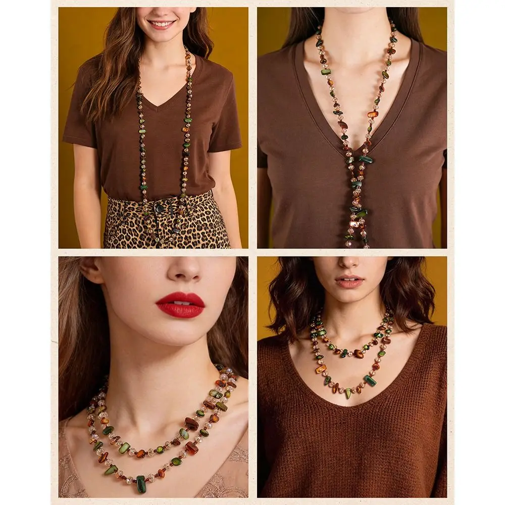 Colorful Vintage Irregular Beaded Coated Reflective Glass and Shell Beads Long Chunky with a Case Double Layers