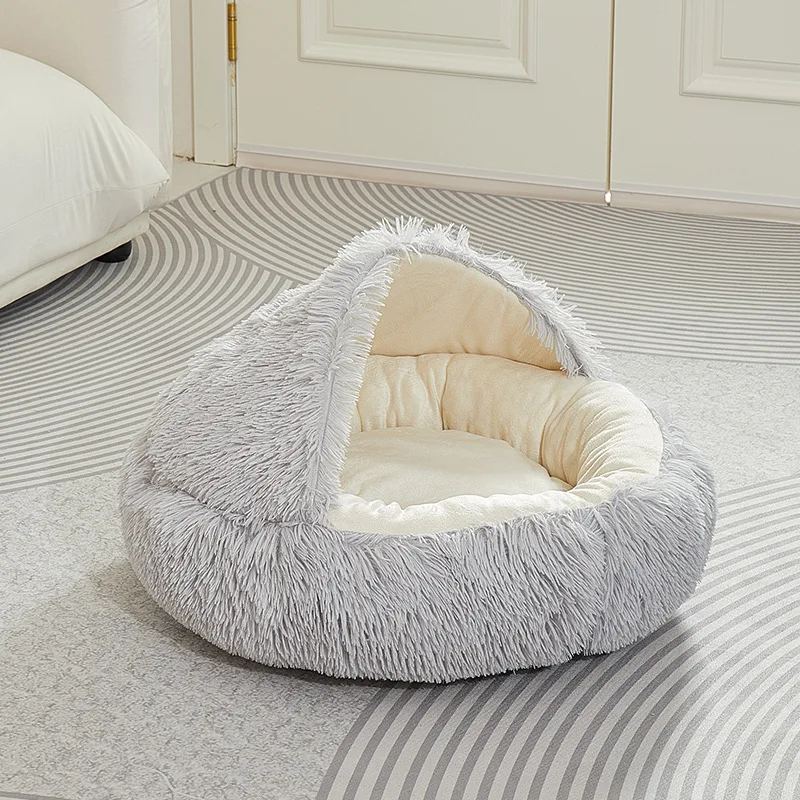 Plush Shell Cat Cave Bed Warm Semi Enclosed Pet Sleeping Nest Gray Pink Green 40 50 60cm