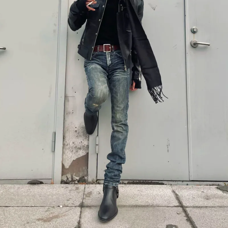 HKSH Spring Autumn New Men Tide Punk Chic Ins Fashion Punk Vintage Paint Ghost Claw Splash-Ink Slim Washed Jeans Skinny HK26061