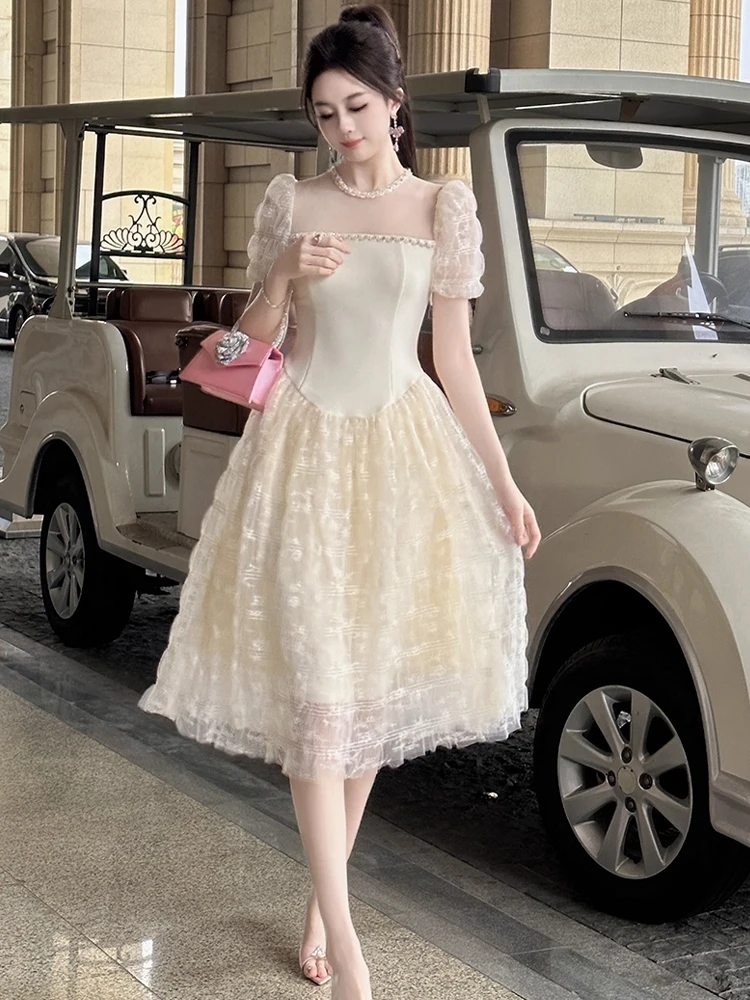 Women Clothes Gown Evening Sweet Lace Floral Sexy Puff Sleeve Corset  A-Line Dress Elegant Luxury Fashion Party Prom Vestido New