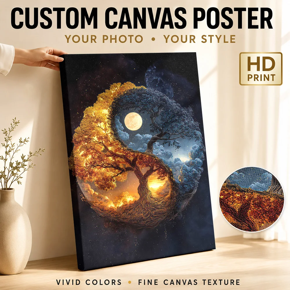 Yin Yang Tree Of Life Canvas Print With Wooden Frame Personalized Photo Vivid Celestial Illustration Wall Art For Home Office