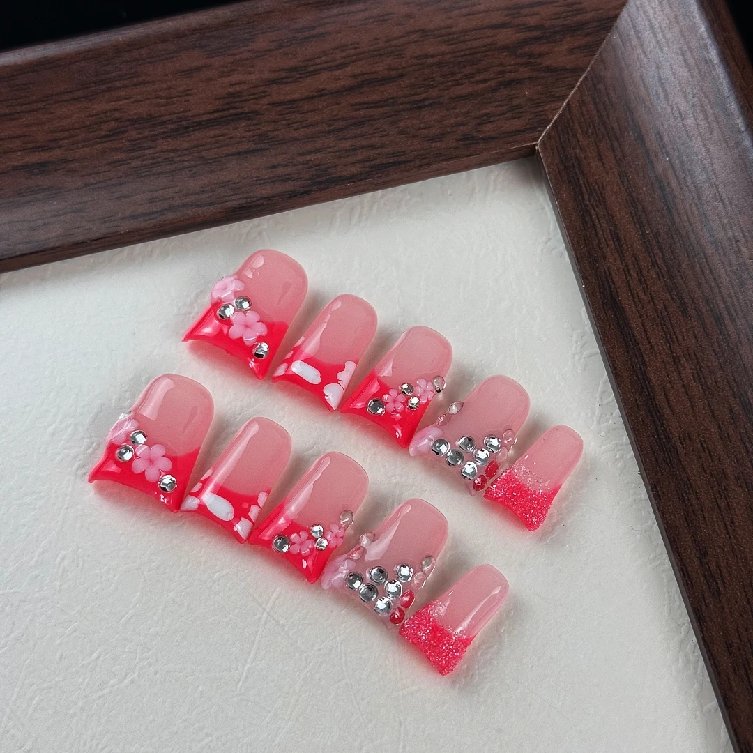 10 Stück hochwertige, süße und coole Mädchen-Stil, handgemalte Muster, glitzernde kleine Diamanten, handgefertigte künstliche Nägel – Detail 8