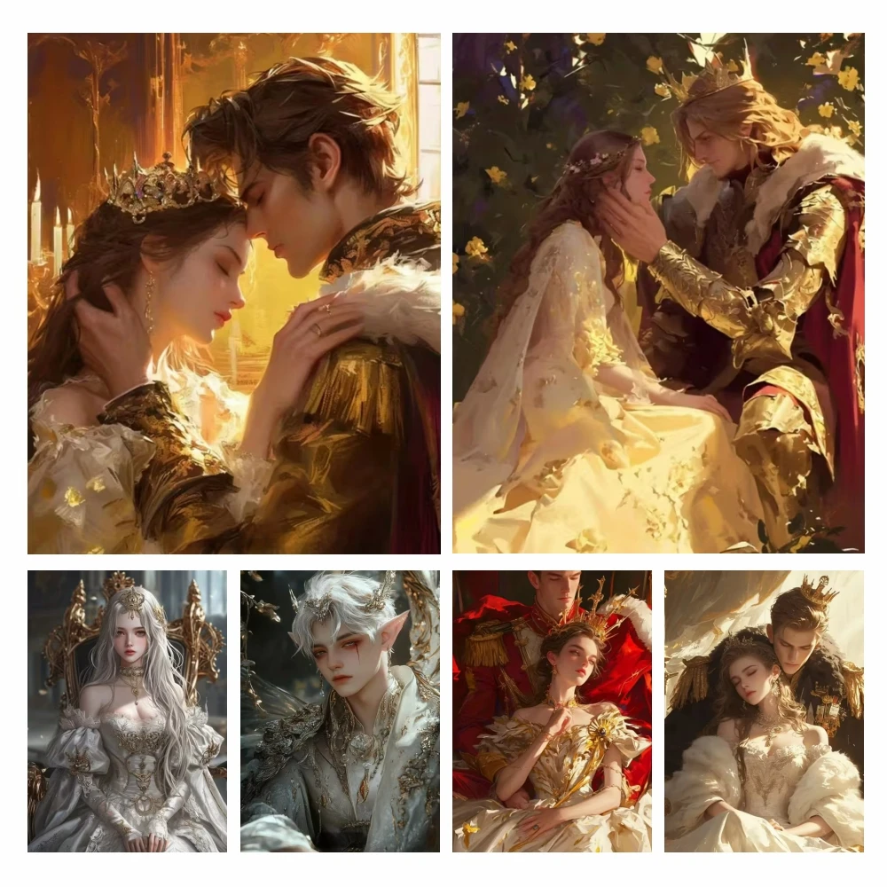 5D Full Round Drill Diamond Painting , Medieval Royal King Queen & Elf Prince Couple Portrait, DIY Rhinestone Wall Decor Gift