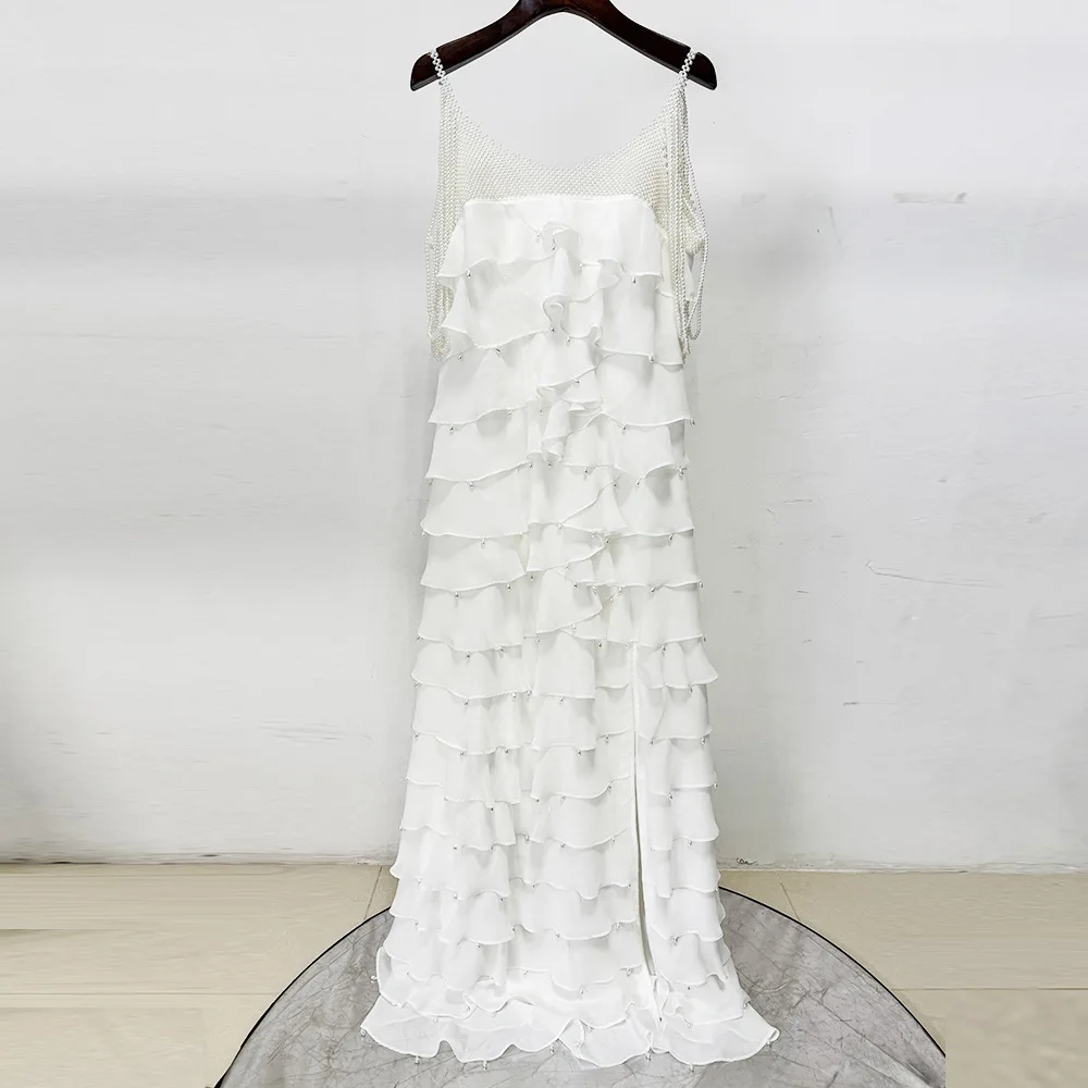 HÖCHSTE QUALITÄT Neueste Mode 2026 Designer Maxikleider Luxuriöses Damenkleid mit Perlenbesatz und Laminiertem Lotusblatt-Schlitz