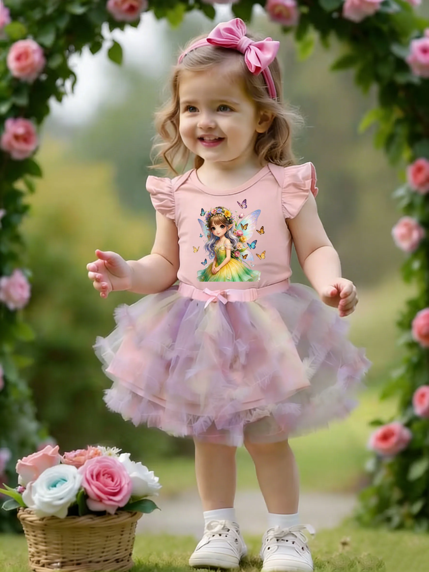 Baby Girl Pink Tee Pink Purple Tutu Skirt Set Fairy Print Ruffle Sleeve Sweet Style Summer Outfit