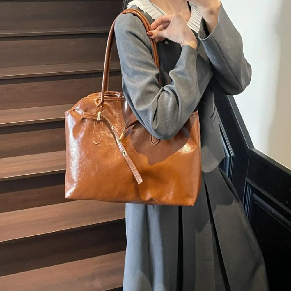 

Casual Korean Style Retro Shoulder Bag PU Leather Brown Ladies Briefcase Handbag Solid Color Tote Bag Travel