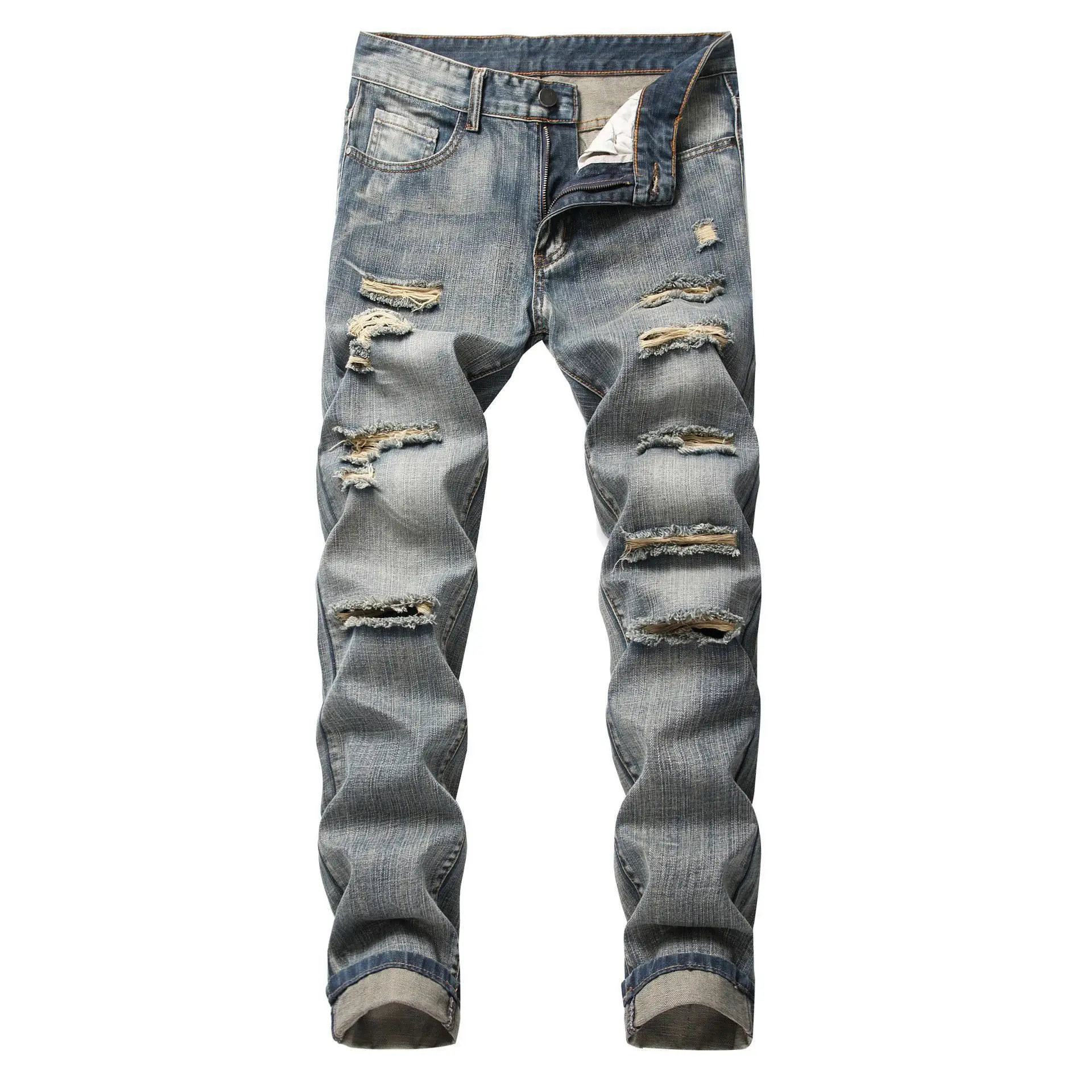 

Men's Tight Fit Jeans Small Feet Ripped Hole Beggar mid Waist Cotton Youth Zipper Opening Low Dangle Crossbody Tight Jeans