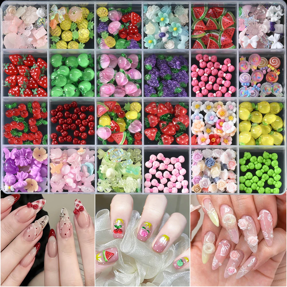 12/24Grids Mixed Fruit Bow Nail Charms Assorted Grapes Peach Cherry Pineapple Nail Art Decoration DIY Fruit Gems Manicure Parts