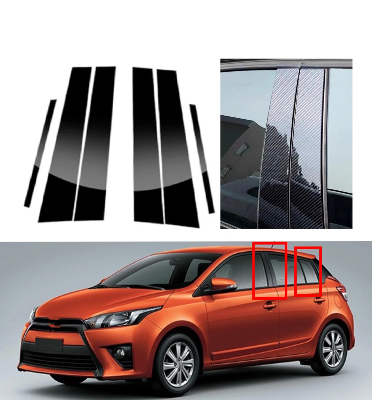 

Fit For Toyota Yaris Vios XP150 5-Door Hatchback 2014-2023 6pcs Glossy Black Silvery Carbon Pillar Post Door Window Cover Trim