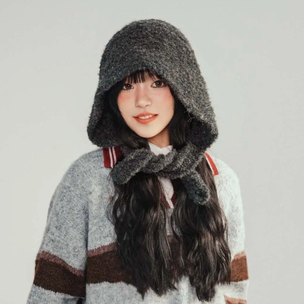 Acrylic Fibers Knitted Hooded Cap Double Side Triangular Neck Collar Beanies Cap Solid Color Korean Style Winter Neckerchief Hat