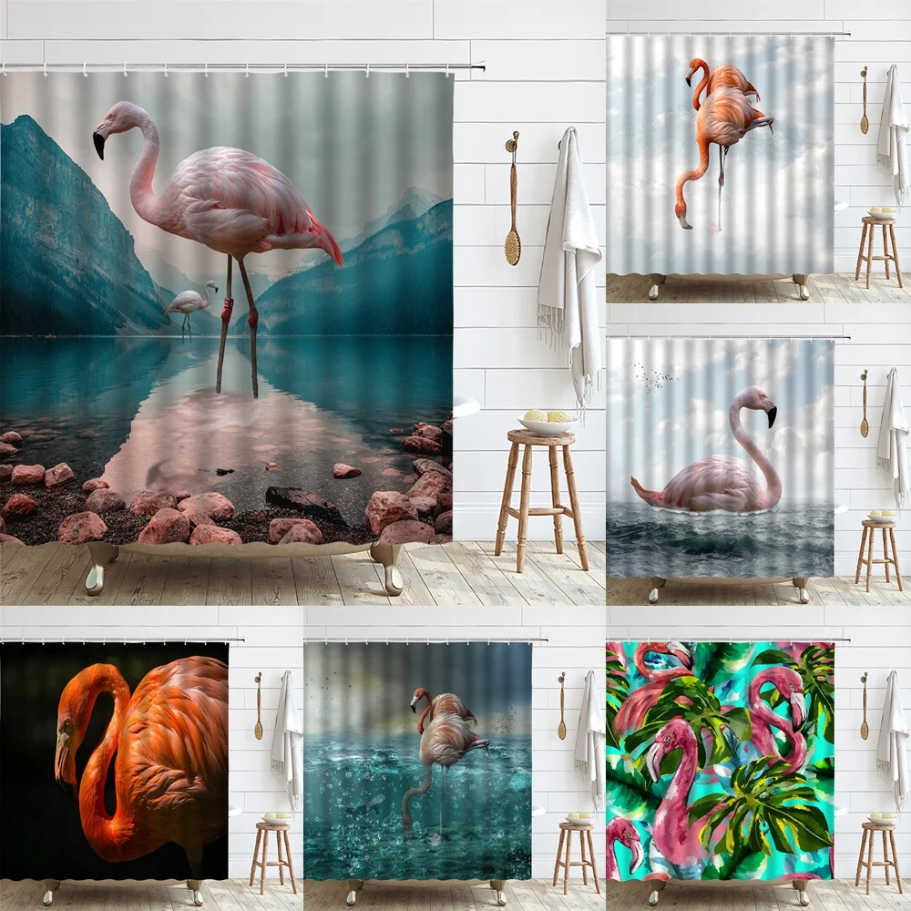 

Flamingo Ocean Shower Curtain Tropical Nautical Sea Natural Scenery Animal Fabric Bath Curtains Bathroom Decor Screen With Hooks