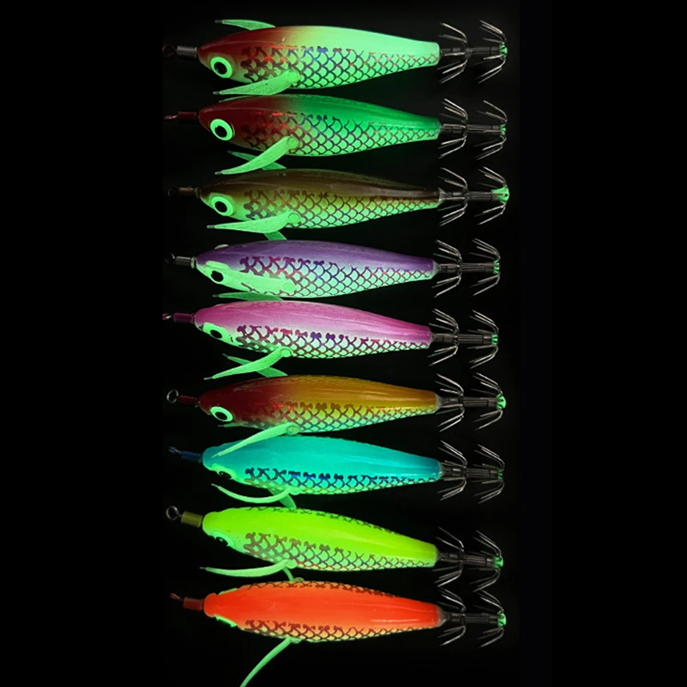 1-10PCS 8CM Luminous Squid Jig Floating Horizontal Wood Shrimp Egi Lure Bait Squid Jigging Shrimp Hook Octopus Cuttlefish