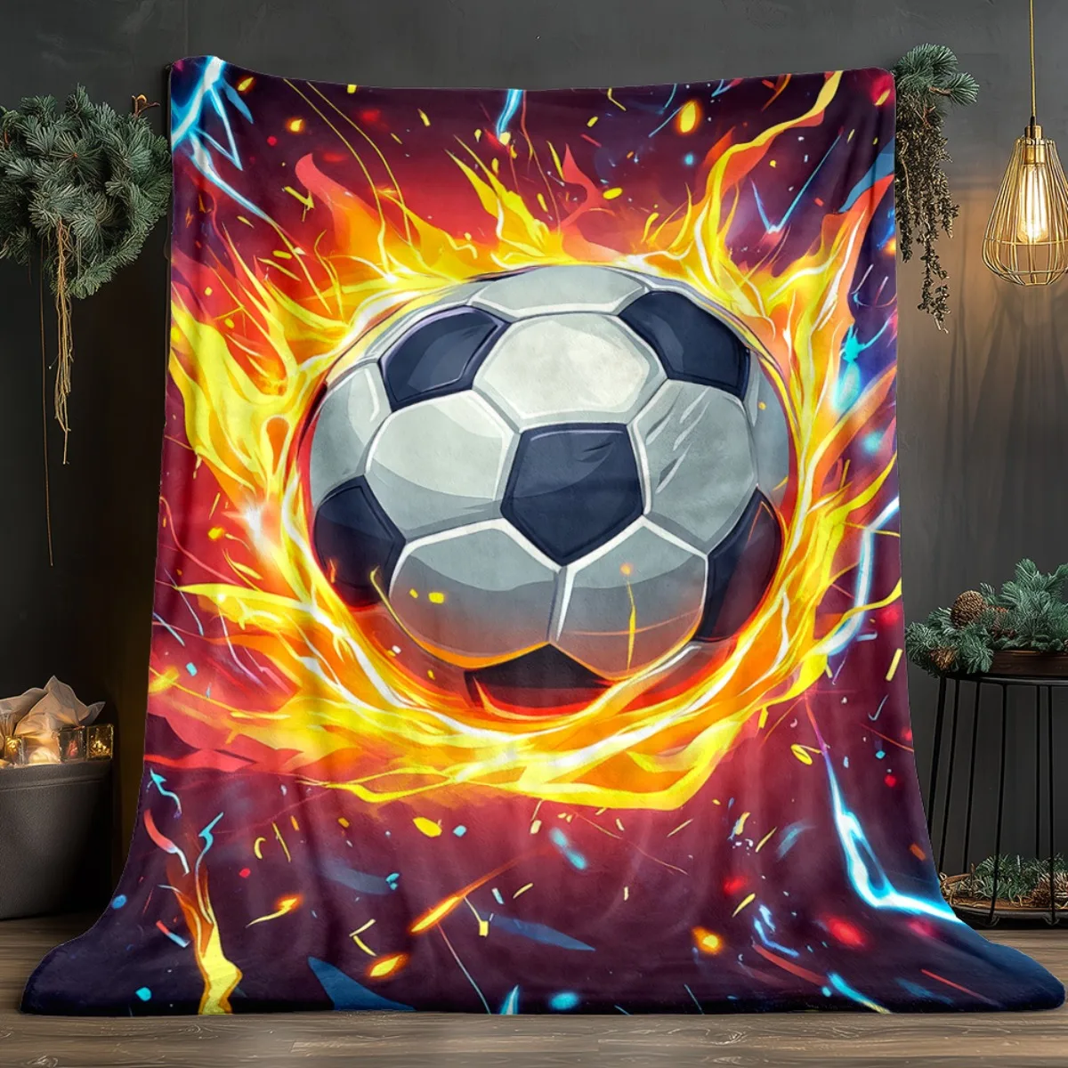 Flaming soccer ball fire effect flannel blanket dynamic sports design energetic football theme blanket for fansbedroomdecoration