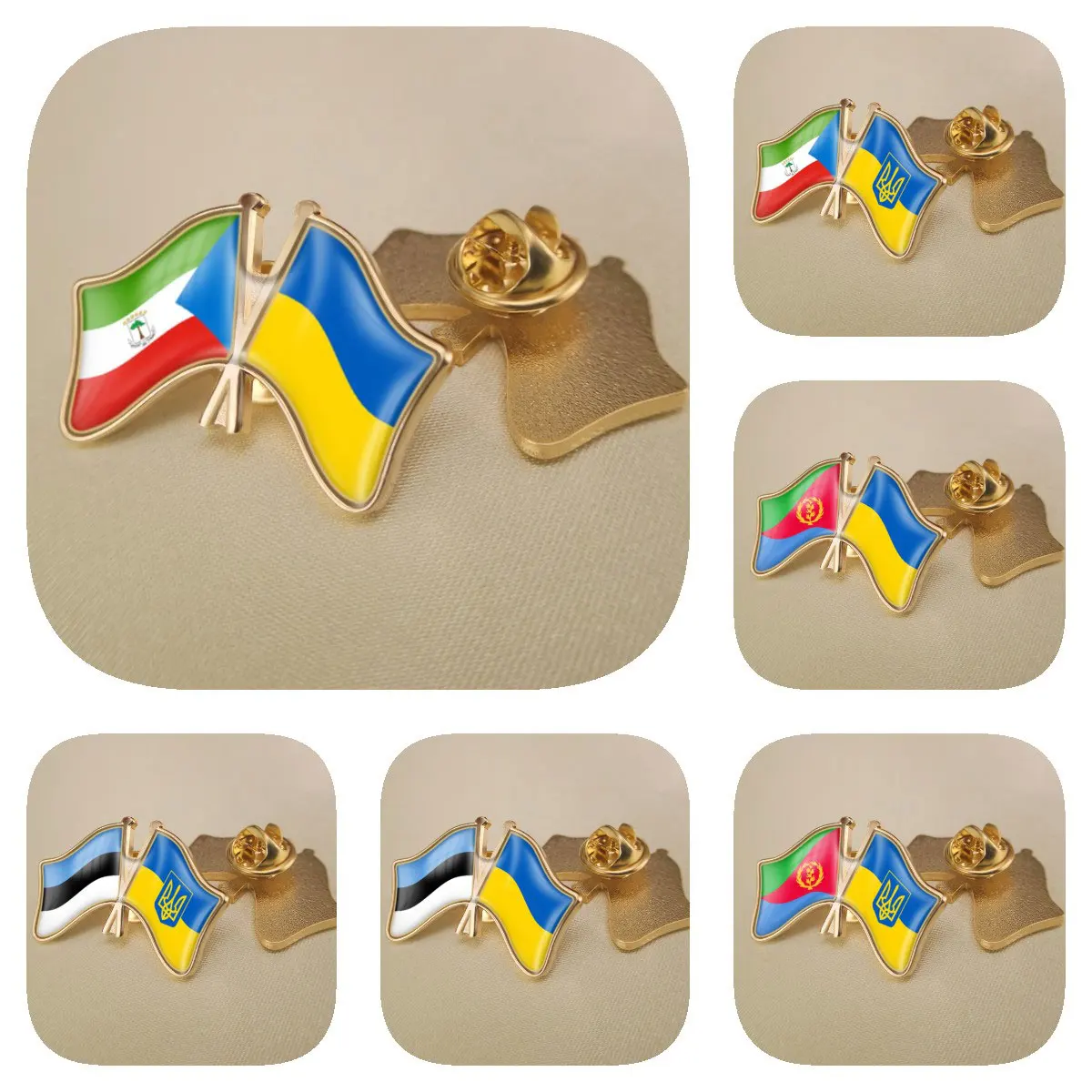 Ukraine and Equatorial Guinea Eritrea Estonia Double Crossed Friendship Flags Brooches Lapel Pins Bradges