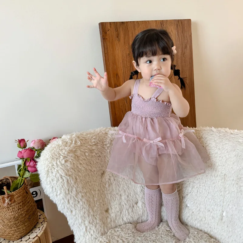Protetor solar infantil vestido de princesa, Roupa de bebê, Verão, Novo, Coreano, Rosa, Arcos simples, Fio de malha, Roupa feminina, 2024